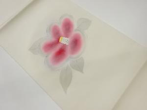 塩瀬手描き銀彩椿模様開き名古屋帯（額縁仕立て）